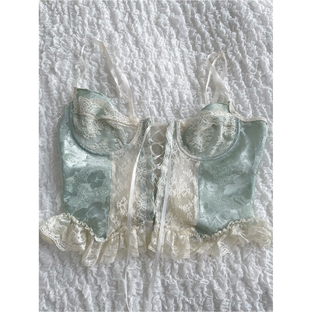 Vintage Lace Bustier Crop Top Mint Green Cream Floral Jacquard Small